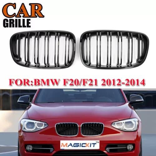 FOR BMW 1 SERIES F20 F21 2011-2014 DOUBLE SLAT GLOSS BLACK KIDNEY GRILLS GRILLE