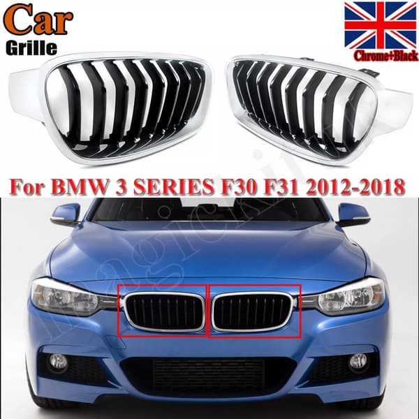 PAIR FOR BMW F30 F31 3 SERIES 2012-2018 FRONT KIDNEY GRILLS GRILLE CHROME+BLACK
