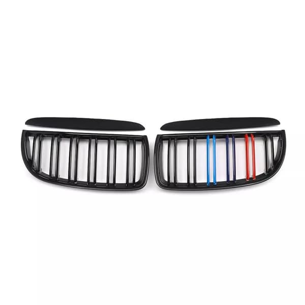 2xFor BMW 3 Series E90 E91 4D 05-08 M-Color Kidney Grilles Gloss Black Dual Line