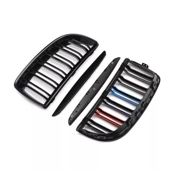 2xFor BMW 3 Series E90 E91 4D 05-08 M-Color Kidney Grilles Gloss Black Dual Line