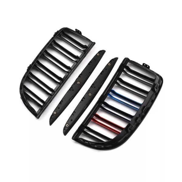2xFor BMW 3 Series E90 E91 4D 05-08 M-Color Kidney Grilles Gloss Black Dual Line