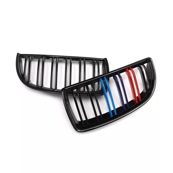 2xFor BMW 3 Series E90 E91 4D 05-08 M-Color Kidney Grilles Gloss Black Dual Line