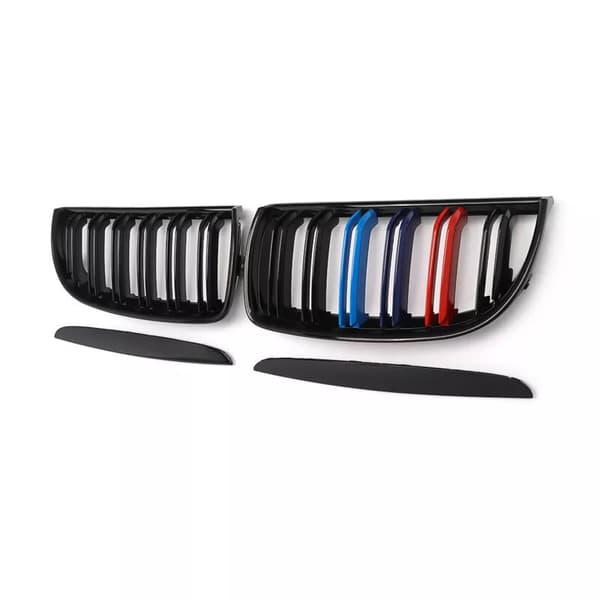 2xFor BMW 3 Series E90 E91 4D 05-08 M-Color Kidney Grilles Gloss Black Dual Line