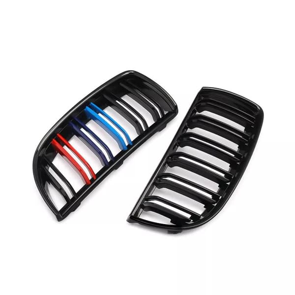 2xFor BMW 3 Series E90 E91 4D 05-08 M-Color Kidney Grilles Gloss Black Dual Line
