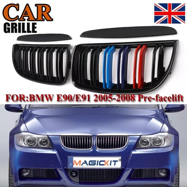 2xFor BMW 3 Series E90 E91 4D 05-08 M-Color Kidney Grilles Gloss Black Dual Line