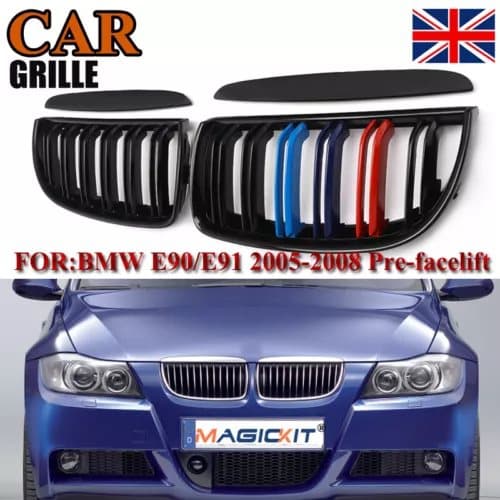 2xFor BMW 3 Series E90 E91 4D 05-08 M-Color Kidney Grilles Gloss Black Dual Line
