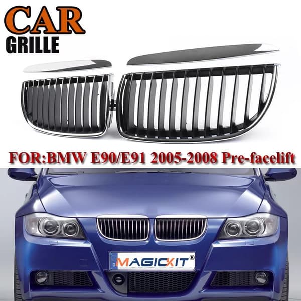 Pair Chrome Black Front Kidney Grill Grilles For BMW E90 E91 Saloon 2005-2008 4D