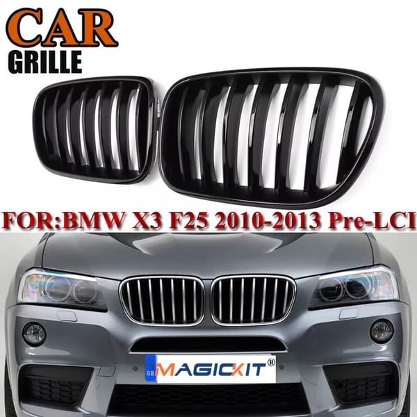 2x For BMW X3 F25 10-13 Pre-facelift Gloss Black Front Kidney Hood Grilles Grill
