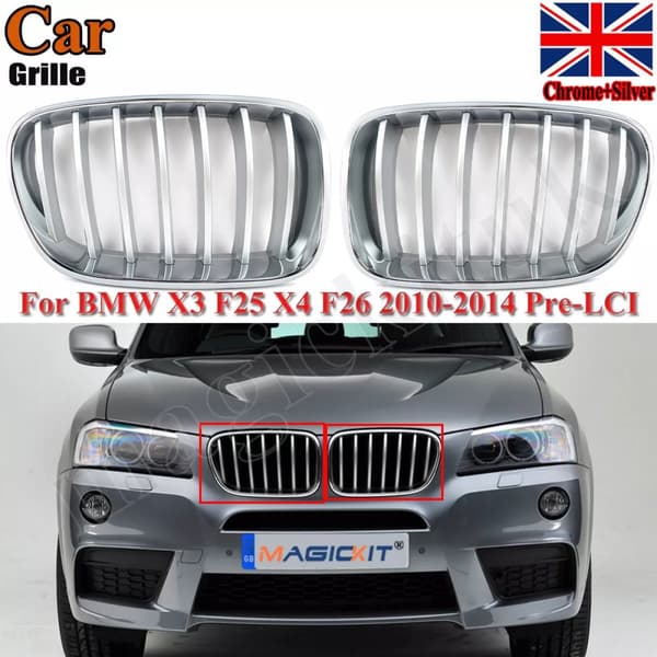 1PAIR FOR BMW F25 X3 F26 X4 2010-2014 FRONT KIDNEY GRILLE GRILLS CHROME & SILVER