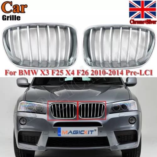 1PAIR FOR BMW F25 X3 F26 X4 2010-2014 FRONT KIDNEY GRILLE GRILLS CHROME & SILVER