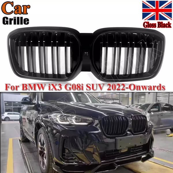 Gloss Black Front Bumper Kidney Grille Mesh Dual Slats For BMW IX3 G08I 22+ LCI