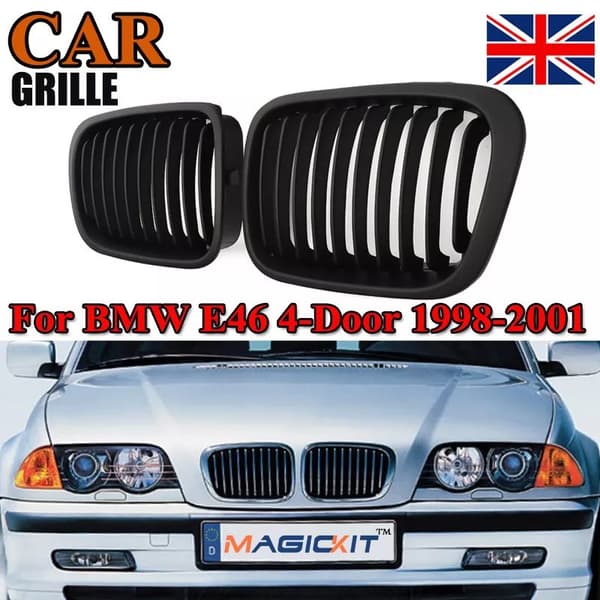 For BMW E46 4dr 98-01 Compact Performance Matte Black Front Kidney Grilles Grill