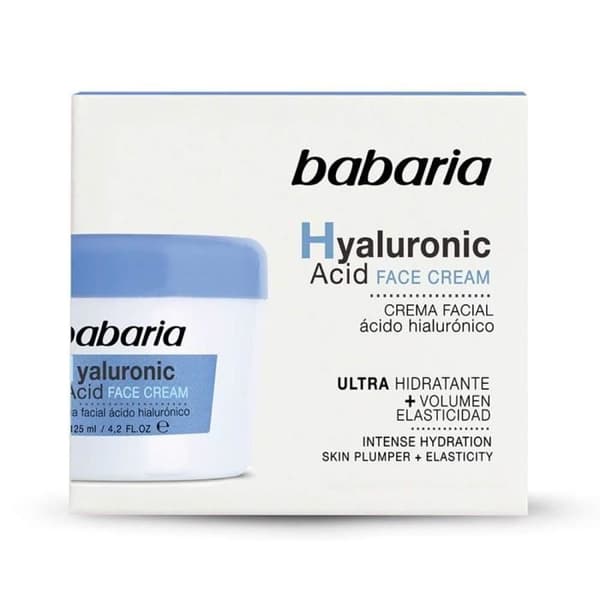 Babaria ansiktscrema con ácido hialurónico hidrata, aporta volumen, minskar slappheten och skyddar huden, tack vare solfiltret.