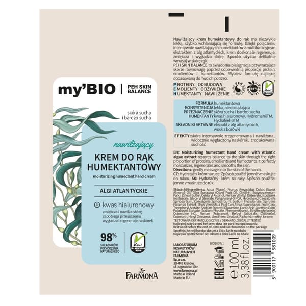 FARMONA My'BIO Handkräm återfuktande fuktighetsbevarande hyaluronsyra 100 ml