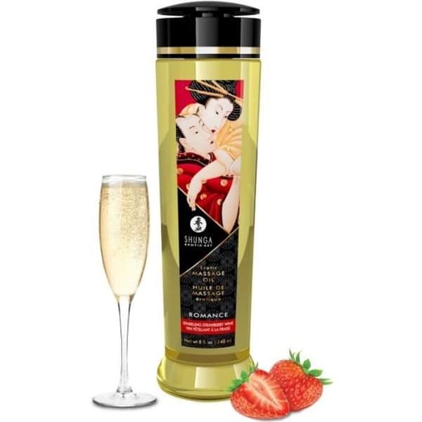 Erotisk massageolja - Shunga - Romantiskt mousserande vin - Jordgubbe - 240 ml - Exceptionell mjukhet