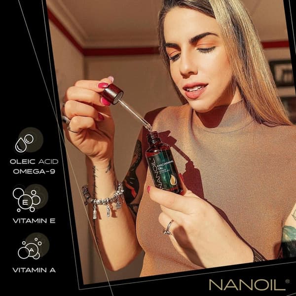 Macadamiaolie Nanoil Macadamia Oil 50 ml - Økologisk, koldpresset og uraffineret macadamiaolie til ansigts-, krops- og hårpleje,