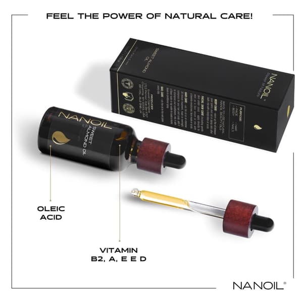 Mandelolja Nanoil Almond Oil 50ml - naturlig, kallpressad och oraffinerad arganolja för ansikte, kropp och hår