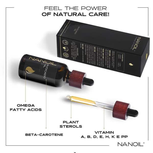 Avokadoöljy Nanoil Avocado Oil 50 ml - Orgaaninen, kylmäpuristettu ja puhdistamaton avokadoöljy kasvoille, vartalolle ja hiuksien hoitoon