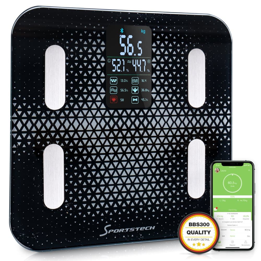 Sportstech Kroppsfettvåg | Våg 180 kg | Bluetooth Energibesparing & App | 30 Dagars Batteritid