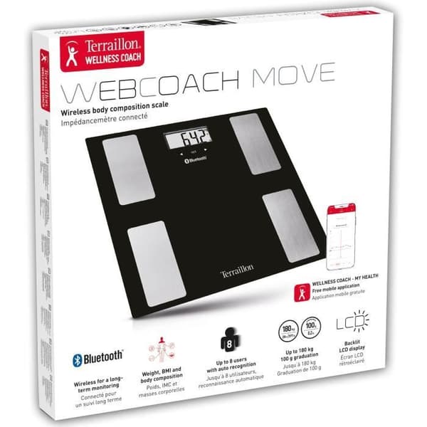 TERRAILLON - Web Coach Move ansluten impedansmätare - Kroppsmassaanalys - glasskiva - 8 minnen