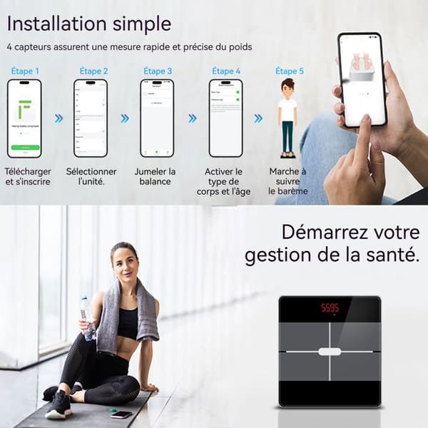 Balance INN® med 13 hälsovaktningsfunktioner, LCD-display, Bluetooth-anslutning, personvikt, uppkopplad våg
