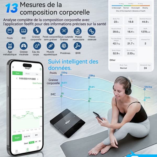 Balance INN® med 13 hälsovaktningsfunktioner, LCD-display, Bluetooth-anslutning, personvikt, uppkopplad våg
