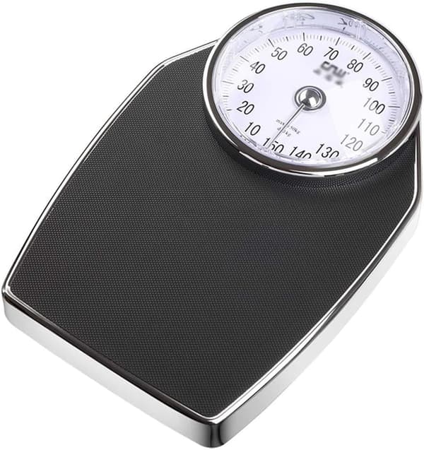 Mekanisk mänsklig badrumsvåg/fjädervikt, professionell analog urtavla/exakt mått kg/ej batteri, svart/upp till 150 kg