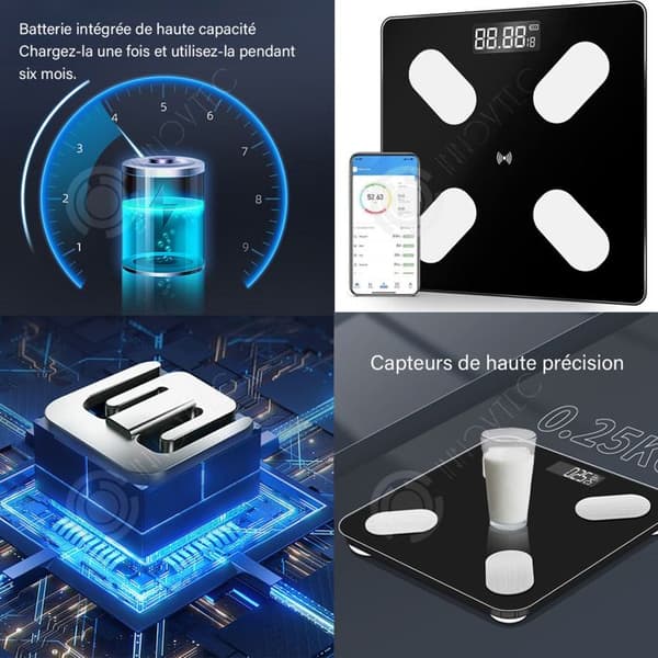 INN Elektronisk balans 26x26CM Multifunktionell Härdat glas Antiexplosionssynkronisering App USB-laddning Personvåg