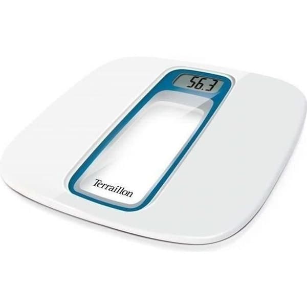 TERRAILLON - elektronisk personlig våg, automatisk på/av, stor LCD-skärm, 160 kg, fönster, vit/blå