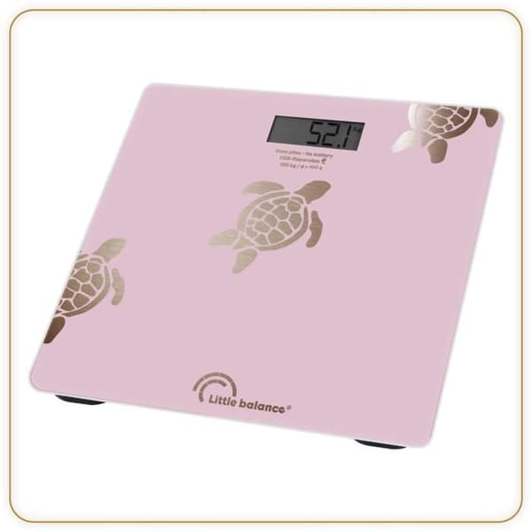 Henkilövaaka - LITTLE BALANCE - 8729 - Metallinhohtoiset kultaiset kilpikonnat - USB-korjattava - 180 kg / 100 g - Vaaleanpunainen