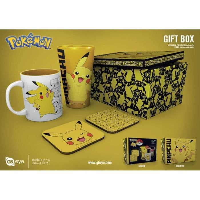 POKEMON PIKACHU -lahjapakkaus - muki, lasi ja kaksi lasinalustaa - GB-silmä