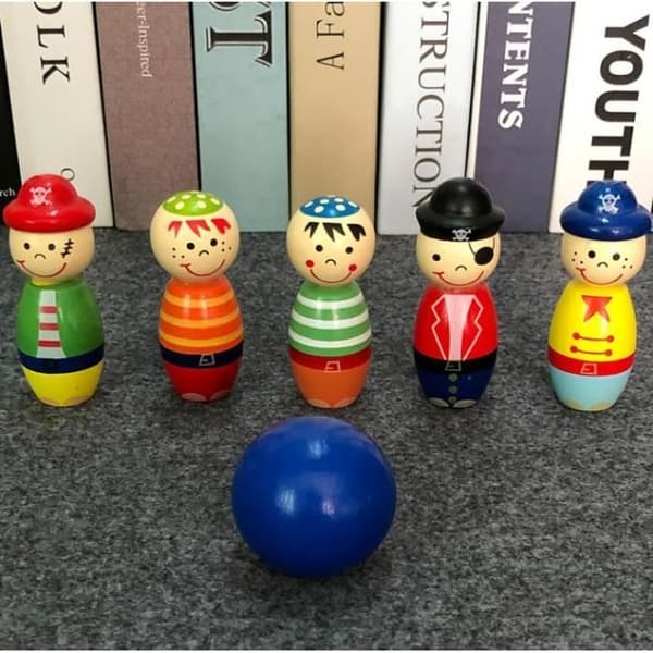 TD® Barnleksaker i trä - Bowlingpussel - Spel för dagisbollar 3-7 år - Piratkägelspel