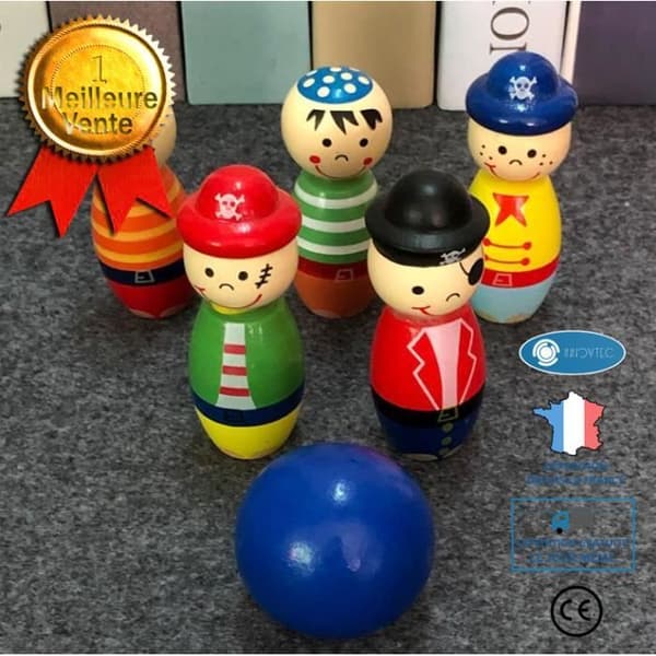 TD® Barnleksaker i trä - Bowlingpussel - Spel för dagisbollar 3-7 år - Piratkägelspel