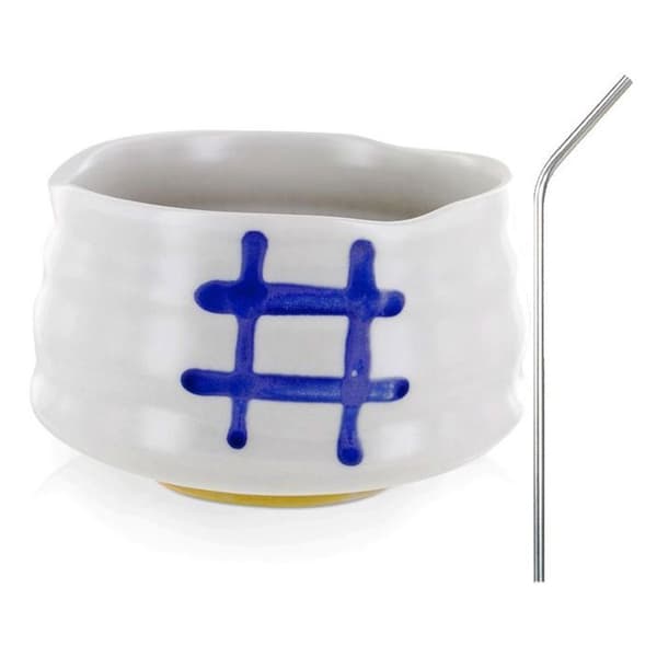 Vit Chawan japansk ceremoniskål + 4 sugrör i rostfritt stål