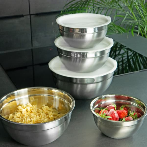 5-delat skålset blandningsskålar med lock av rostfritt stål - 18 x 9,5 / 20 x 10 / 22 x 11 / 24 x 12 / 26 x 12,5 cm - salladsskål serveringsskål