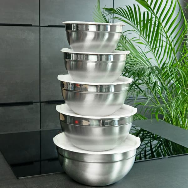 5-delat skålset blandningsskålar med lock av rostfritt stål - 18 x 9,5 / 20 x 10 / 22 x 11 / 24 x 12 / 26 x 12,5 cm - salladsskål serveringsskål