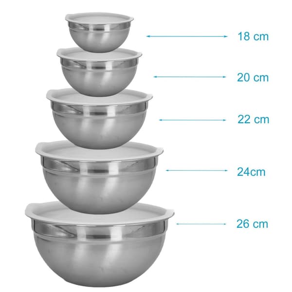 5-delat skålset blandningsskålar med lock av rostfritt stål - 18 x 9,5 / 20 x 10 / 22 x 11 / 24 x 12 / 26 x 12,5 cm - salladsskål serveringsskål