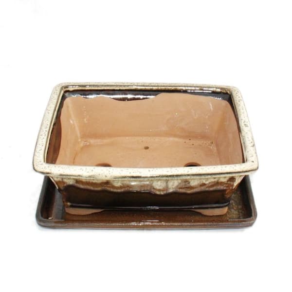 bonsai skål med fat storlek 4 - brun/beige - rektangulär - modell g93 - l 25,5 cm - b 20 cm - h 9 cm