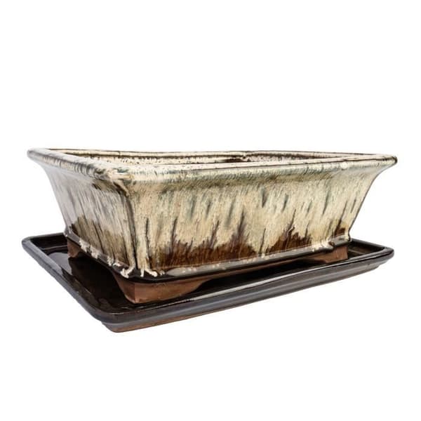 bonsai skål med fat storlek 4 - specialglasyr med ädel färggradienteffekt - kantig - kräm/brun - l 26cm - b 20cm