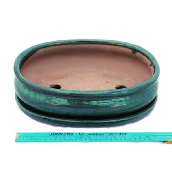 bonsai skål med fat storlek 3 - grön - oval - modell o47 - l 19cm - b 13,5cm - h 5cm
