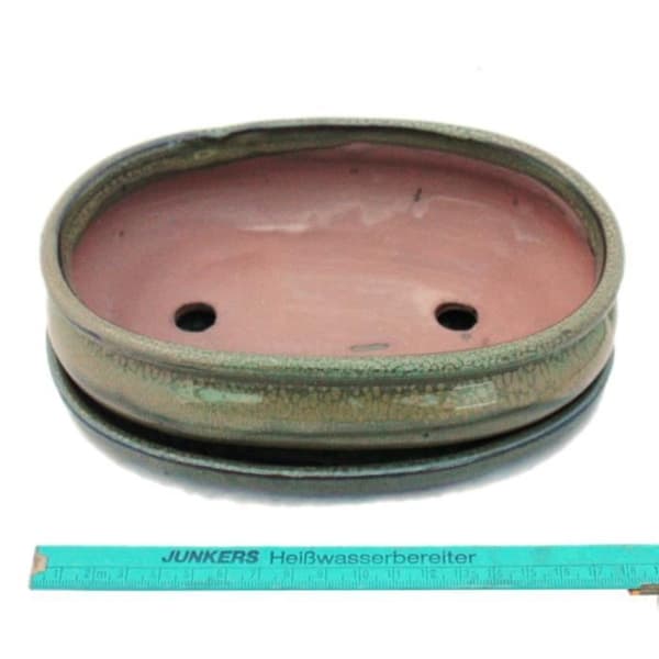 bonsai skål med fat storlek 3 - olivbrun - oval - modell o47 - l 19cm - b 13,5cm - h 5cm