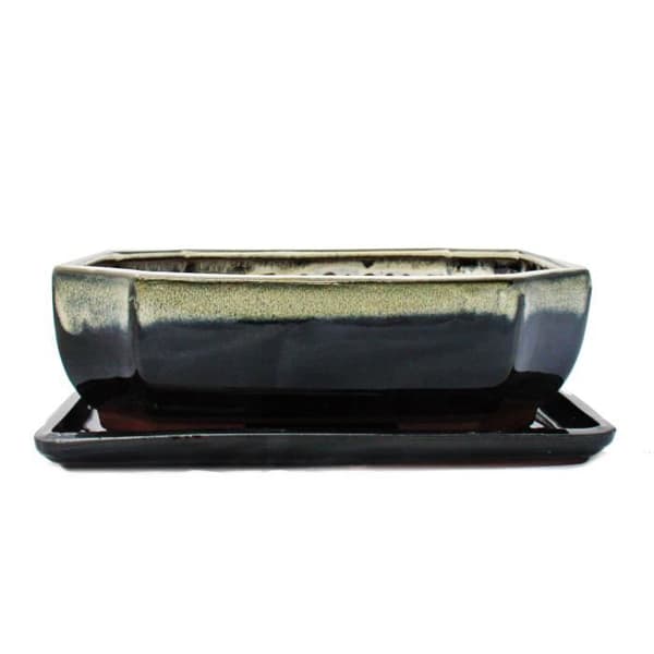 bonsai skål med fat storlek 4 - specialglasyr med ädel färggradienteffekt - rektangulär g117 - svart-vit - l