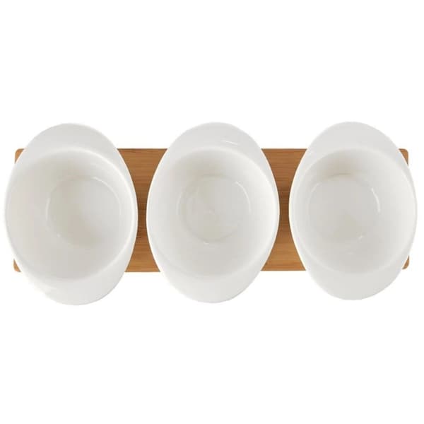 Valkoiset posliiniset välipalakulhot lusikalla WHITELINE tarjottimella, 32 cm, 7 kpl.