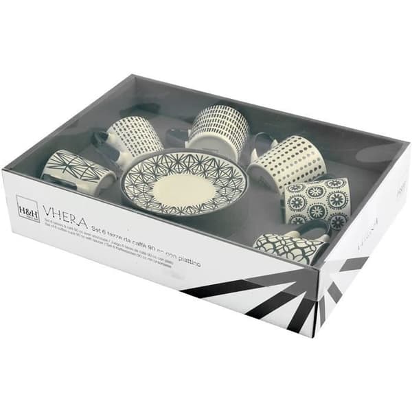 H+H H+H Set om 6 Kaffekoppar Dekor STW Svart med Fat 90 CC Porslin - 2000