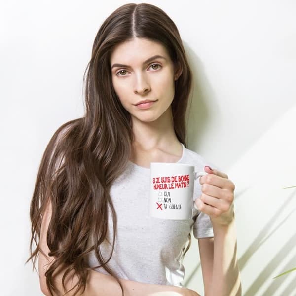 Mugg Humor Morgon Mood Rolig originalgåvaidé. Franska tillverkade. Dino Mugs Le så fort du vaknar.