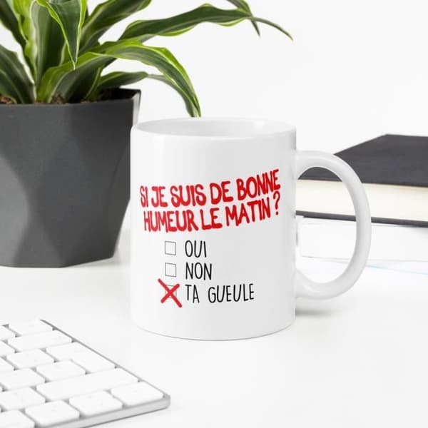 Mugg Humor Morgon Mood Rolig originalgåvaidé. Franska tillverkade. Dino Mugs Le så fort du vaknar.