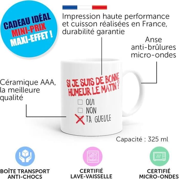 Mugg Humor Morgon Mood Rolig originalgåvaidé. Franska tillverkade. Dino Mugs Le så fort du vaknar.