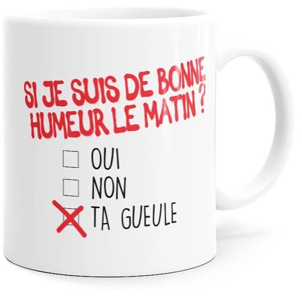 Mugg Humor Morgon Mood Rolig originalgåvaidé. Franska tillverkade. Dino Mugs Le så fort du vaknar.