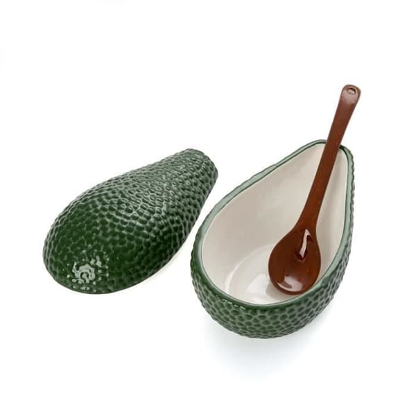 Skål för guacamole med sked. Originalskål i avokadoform. Guacamoleskål i porslin. Grön aptitretarskål. 18 x 10 cm - Fisura