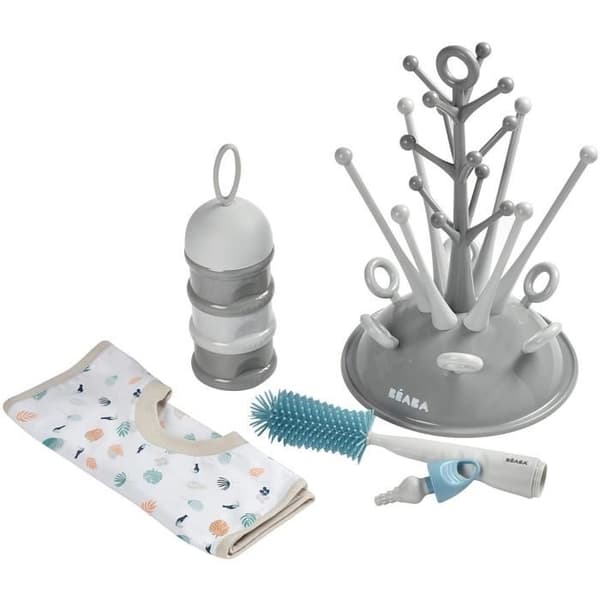 BEABA Fødselssæt (Grå Træflaskedråbe / Lys / Mørk Mist Dispenser / Silikone Flaskebørste / Tropisk Stof Hagesmæk)